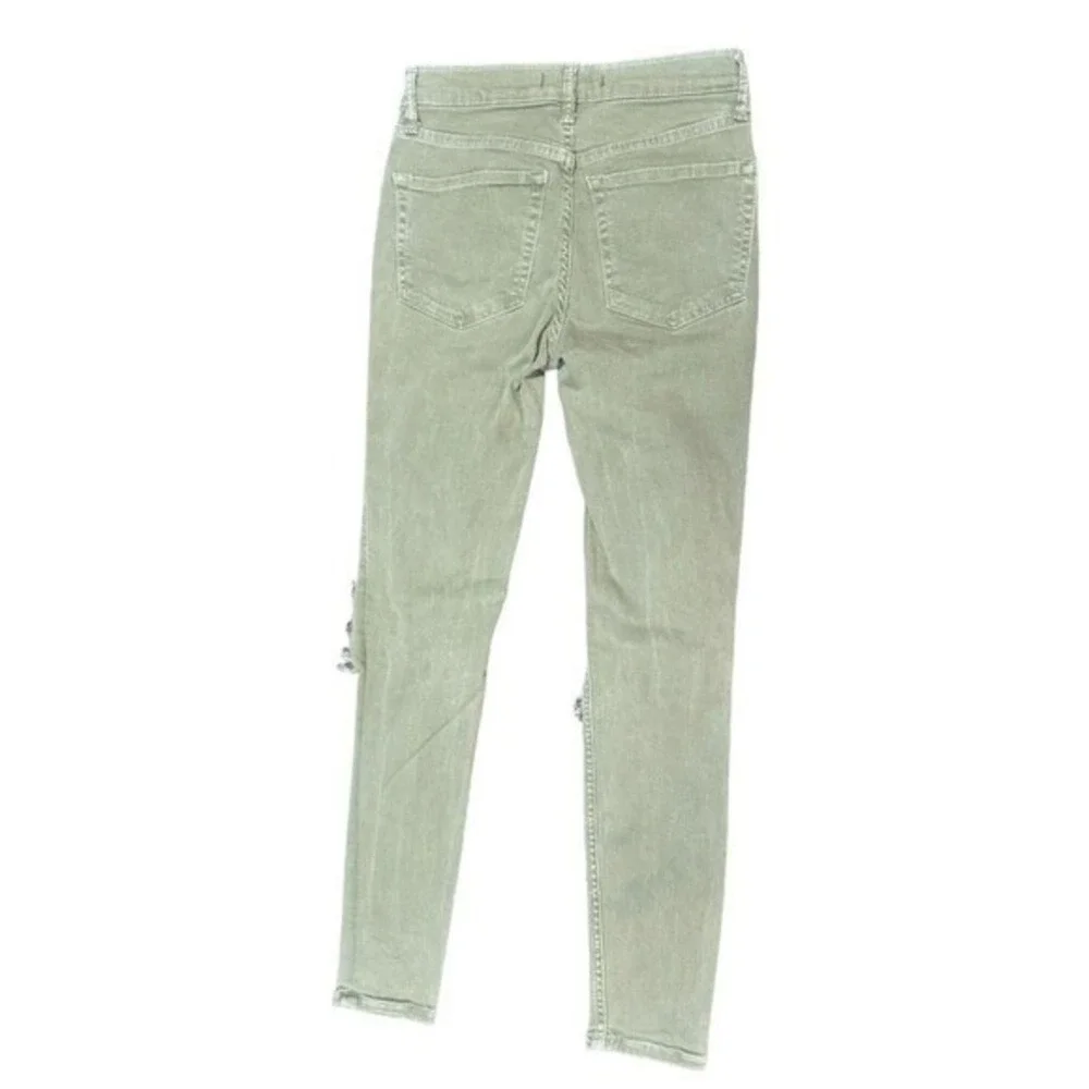 Free People Sage Green Distressed Skinny Jeans Blown Out‎ Knee Size 25 High Rise